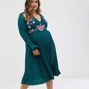 ASOS Curve Green Embroidered Pleated Midi Dress w/ bell cuff sleeves